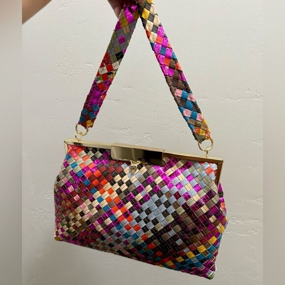 Colorful Woven Leather Handmade Kisslock Metal Frame Handbag, Multi Use Style - Picture 5 of 16